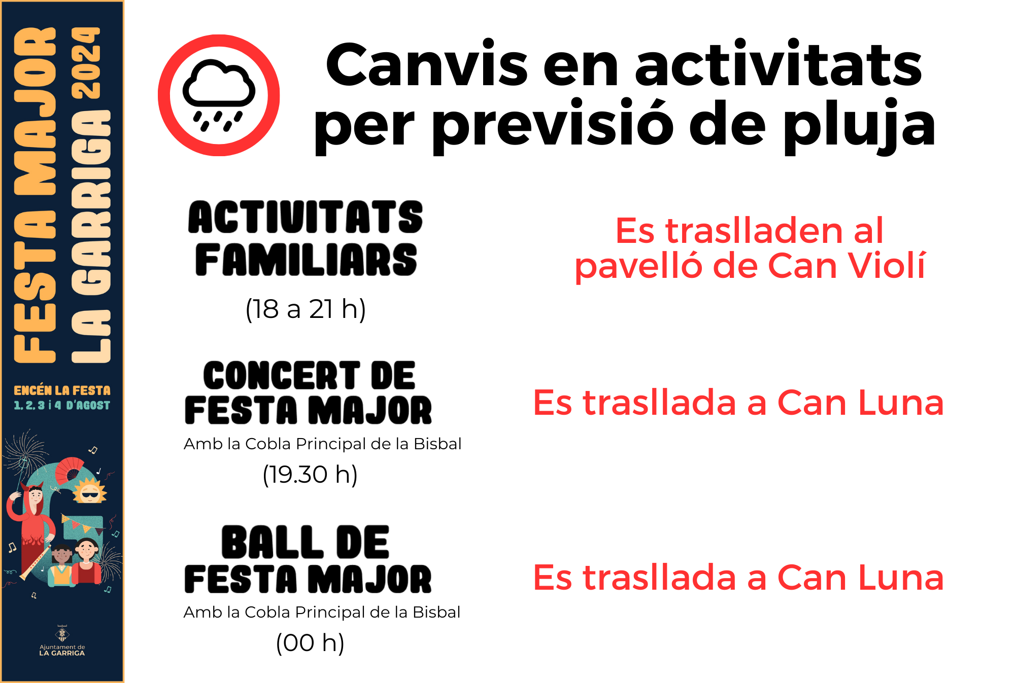 Canvis en activitats de Festa Major per previsió de pluja