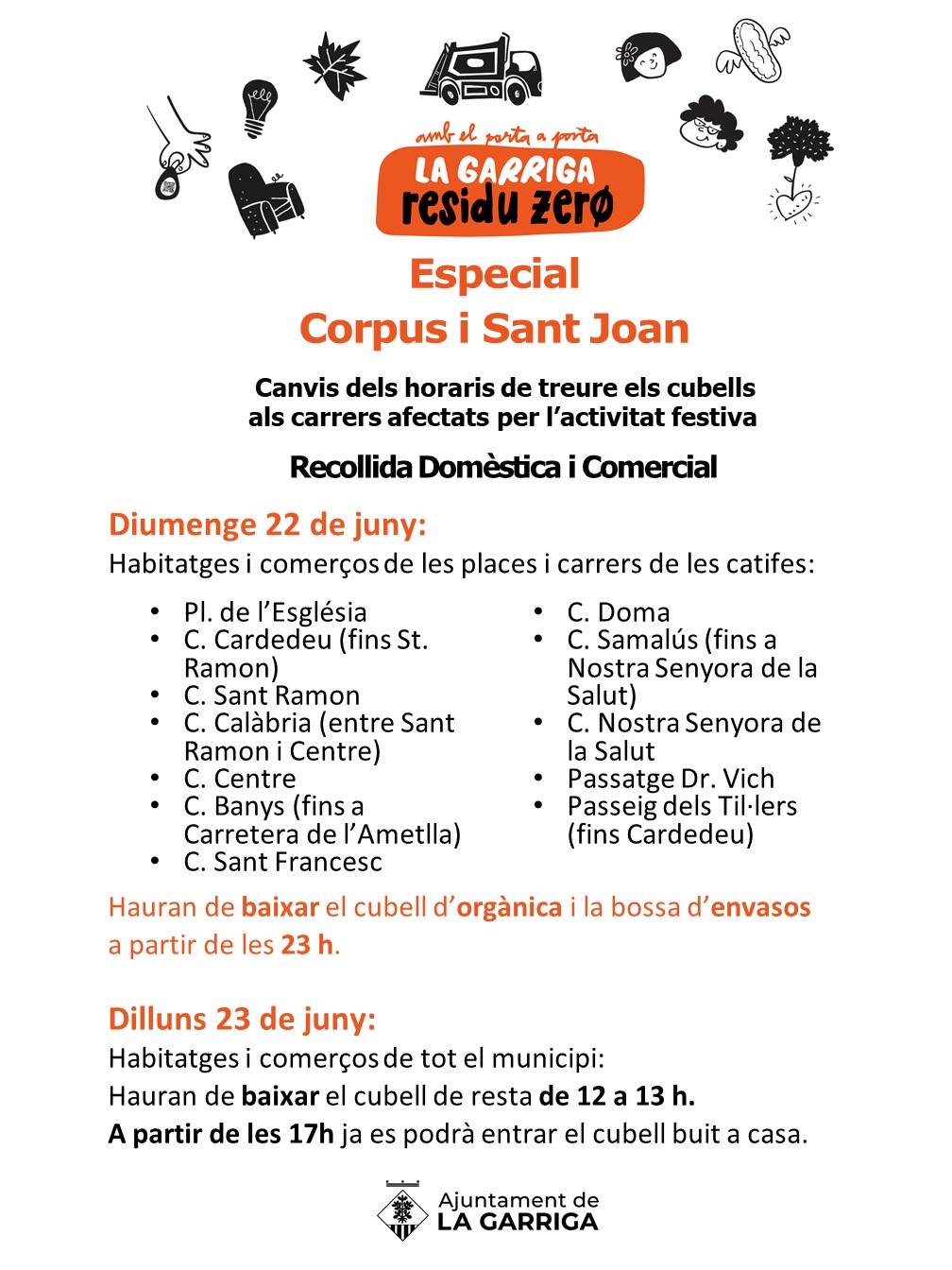 Canvis en el porta a porta per Corpus i per la revetlla de Sant Joan