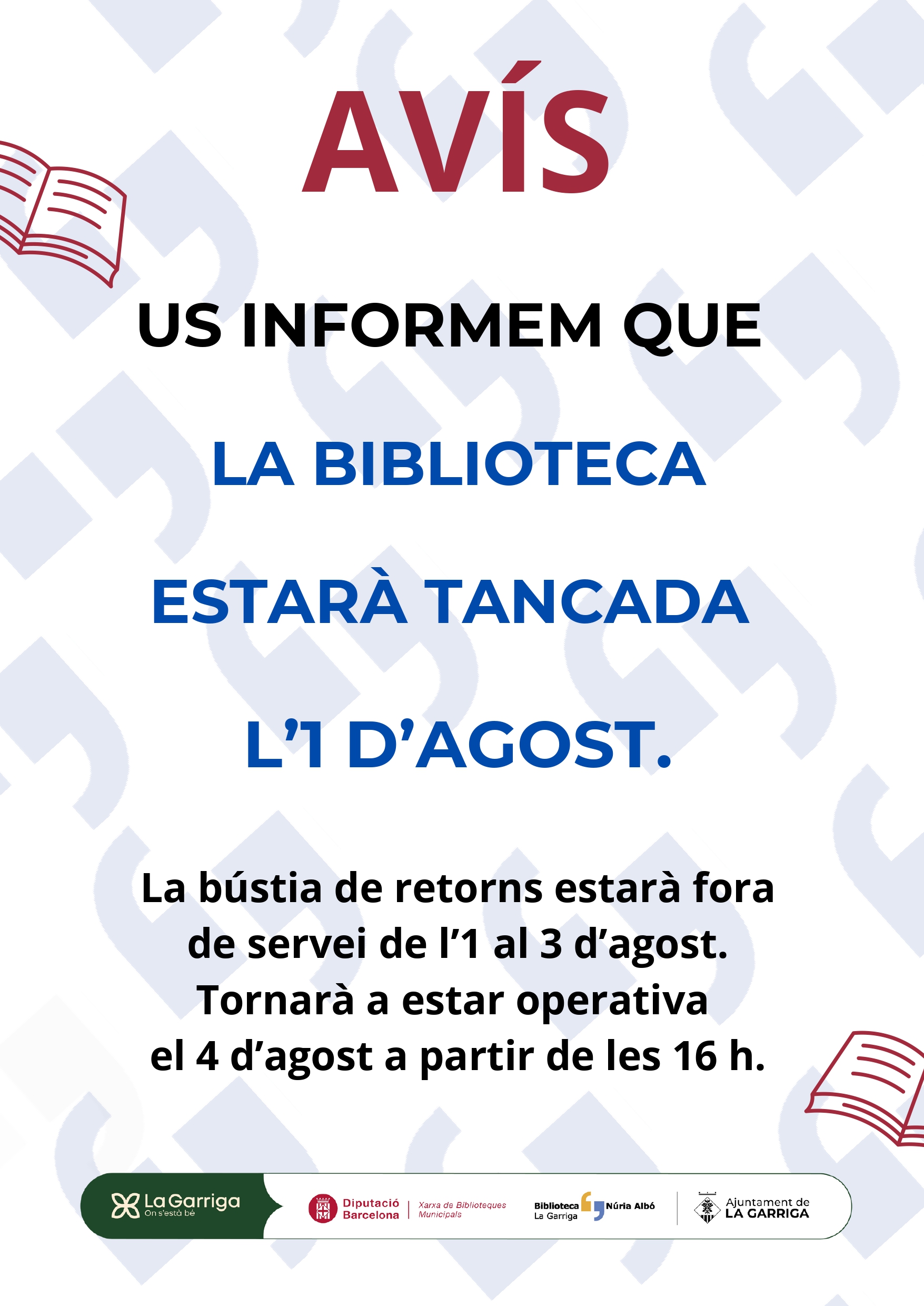 Biblioteca tancada l'1 d'agost