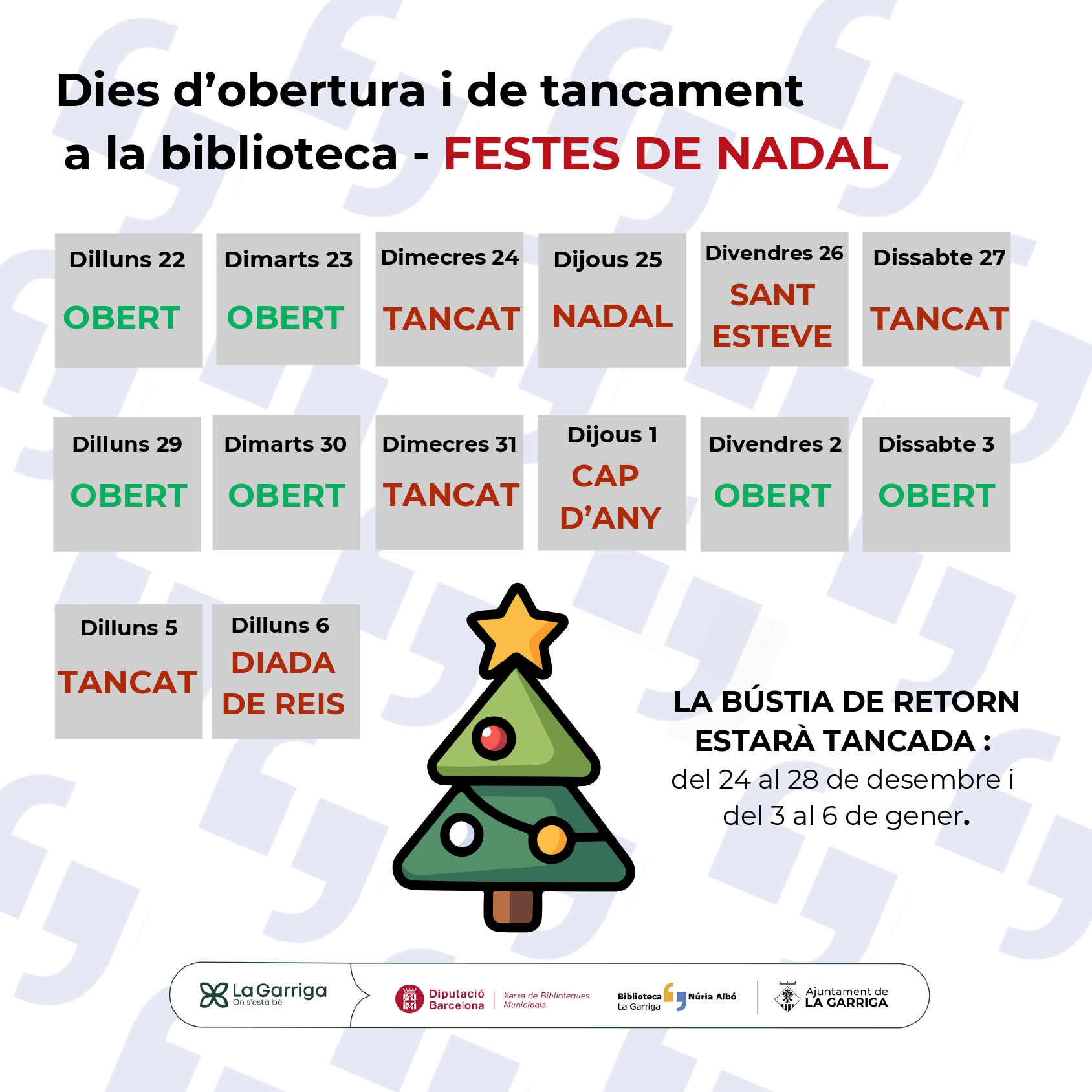 Dies d'obertura de la biblioteca per festes