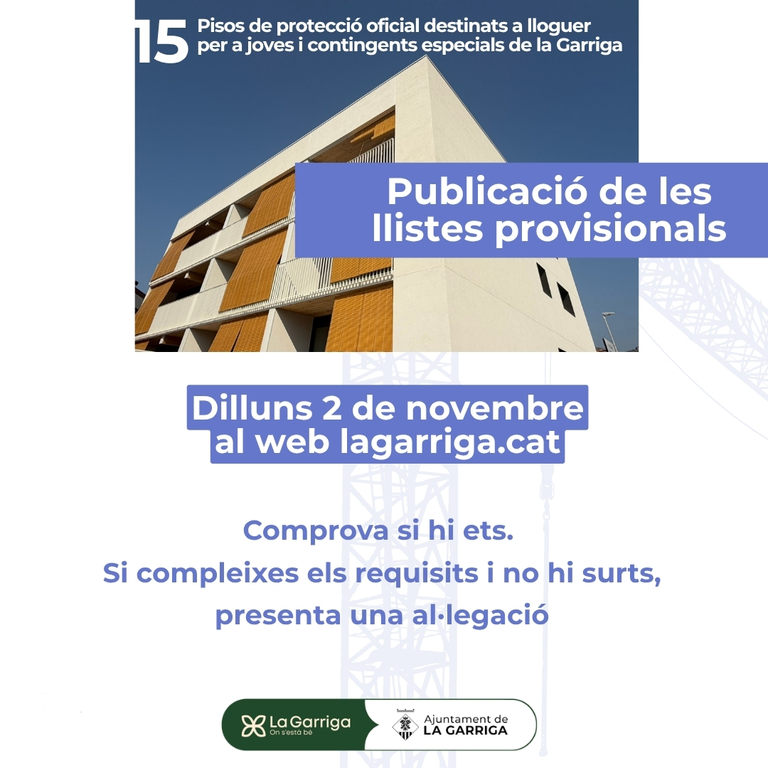 Dilluns 2 de novembre surten les llistes provisionals per als habitatges de protecci&oacute; oficial